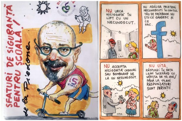 Elevi din sectorul 5 au primit broșuri despre siguranța în școală, cu Piedone desenat pe copertă, cu tatuaj și pe trotinetă