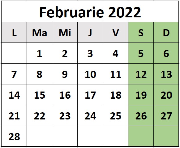 Calendar zile libere 2022 - luna februarie