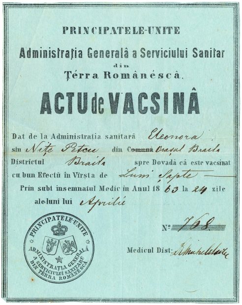 FOTO Cum arăta o adeverință de vaccinare emisă acum aproape 160 de ani