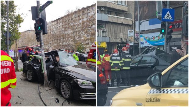 Urmărit de polițiști, un bărbat a intrat cu mașina într-un stâlp, în centrul Capitalei. Șoferul consumase droguri