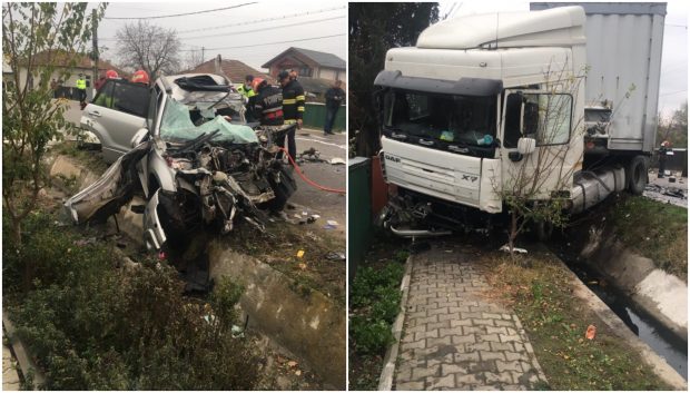 Ciocnire violentă între o mașină și un TIR încărcat cu ciment, în Prahova. Un șofer a murit