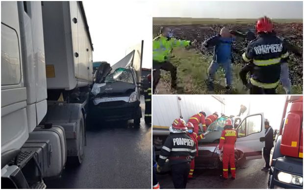 VIDEO / Bătaie între camionagii, după un accident mortal, lângă Alexandria. Tată și fiu au strivit o dubă între TIR-urile lor