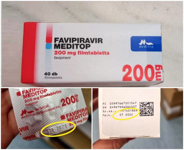 Cum arată cutiile de Favipiravir expirate aduse din Ungaria. S-a lipit o etichetă cu „iulie 2022” peste „octombrie 2021”