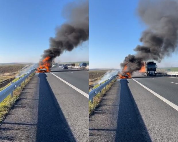 O maşină a fost cuprinsă de flăcări pe autostrada Timişoara-Lugoj