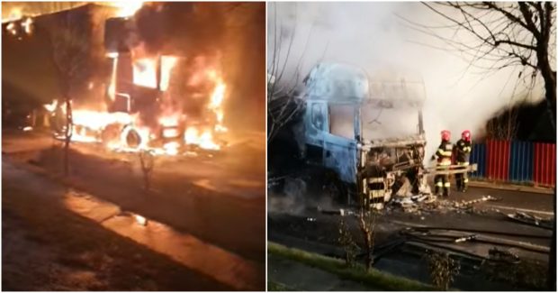 Trafic blocat pe DN14, în județul Sibiu, după ce un TIR a fost cuprins de flăcări