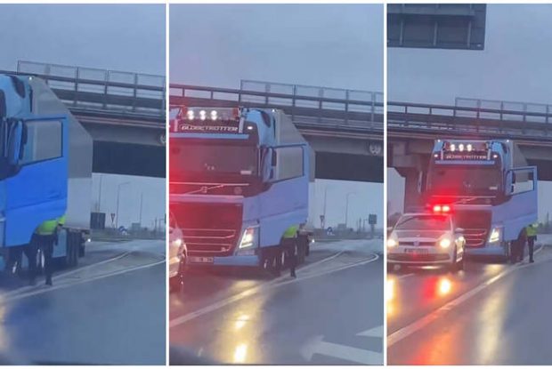 VIDEO | Polițist filmat în timp ce amenință cu pistolul un șofer de TIR tras pe dreapta. IPJ Arad anunță verificări