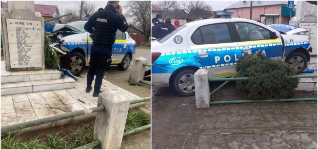 Un poliţist din Dolj a intrat cu maşina într-un monument. Un pasager a fost rănit