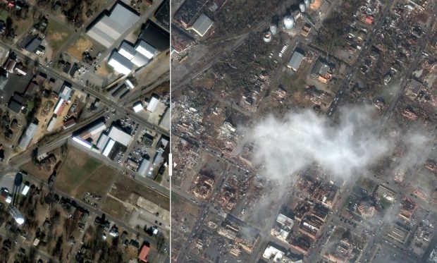 Imagini din satelit | Orașe americane lovite de tornade, de nerecunoscut. Cum arătau înainte și cum arată acum