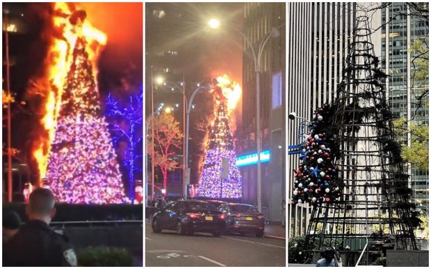 VIDEO | Bradul de Crăciun instalat de Fox News în Manhattan a ars, un bărbat l-a aprins ca pe o torță