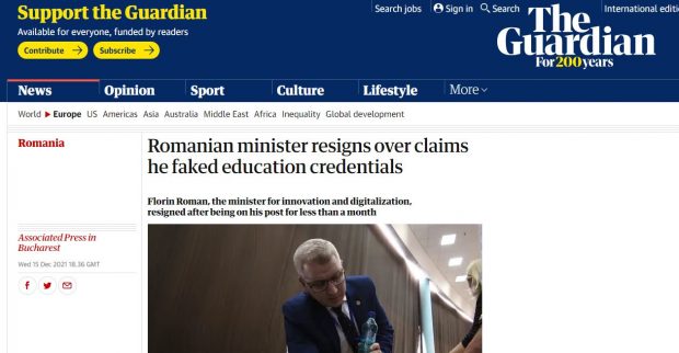 The Guardian și Washington Post: „Al treilea articol al ziarului românesc Libertatea a dus la demisia ministrului acuzat de falsificarea CV-ului”