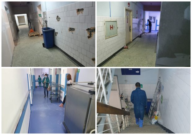 FOTO | Imagini dintr-un spital județean: parterul în renovare n-a fost închis, iar angajații duc praful și mizeria pe secții. „Ce să facem, să nu mai reparăm?”
