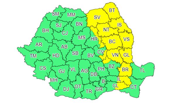 Cod galben de ninsori, polei și vânt în 14 județe din estul țării