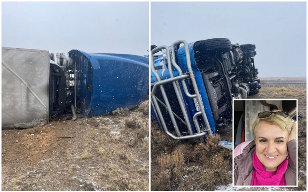 Șoferiță româncă de TIR răsturnată de vânt pe șosea, în munții de lângă Las Vegas
