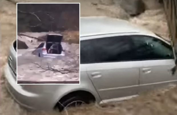 VIDEO | Audi luat de viitură în Prahova, tânărul șofer a vrut să-i arate unei fete cum traversează un râu umflat