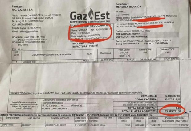 Factură la gaze de aproape 7 milioane de euro primită de o femeie de 70 de ani din Vaslui