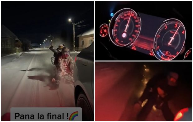 VIDEO | Trași cu sania pe șosea cu 140 km/h, trei tineri din Bistrița au fost aproape de moarte. Șoferul, amendat