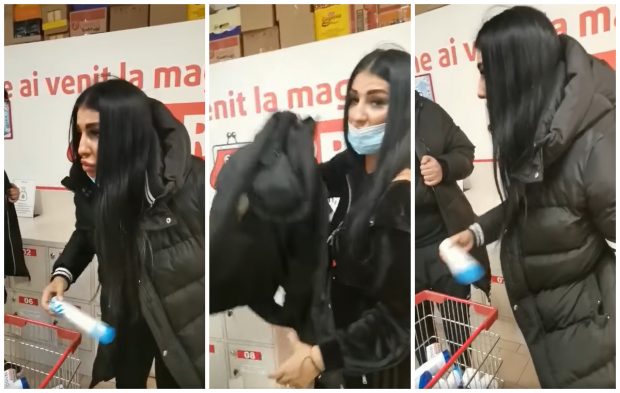 VIDEO | O tânără „tunată” și în haine de firmă a furat zeci de șampoane într-un supermarket: „Am și eu un copil mic acasă”