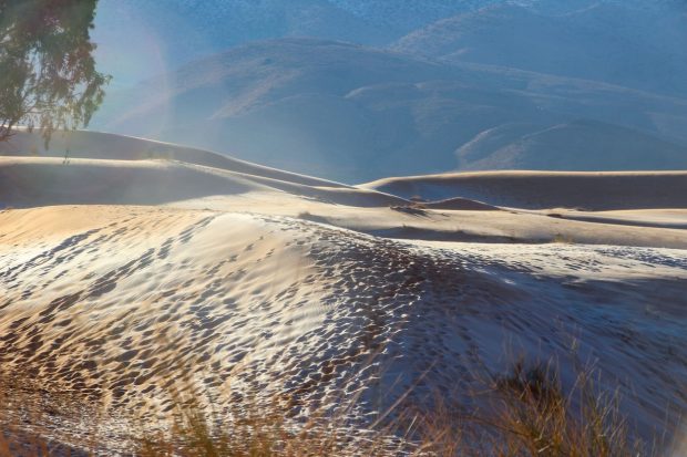 Dune de nisip, acoperite de zăpadă. Fenomen rar în deșertul Sahara