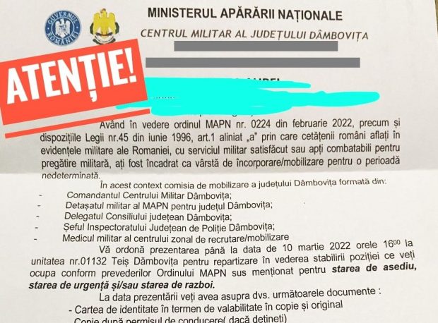 Ministerul Apărării, precizări în cazul ordinelor de mobilizare primite de mai mulți români: Sunt false, vor să inducă panică!