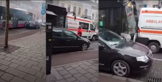 Accident în lanț în centrul municipiului Cluj-Napoca. O ambulanță și un autobuz, între vehiculele implicate
