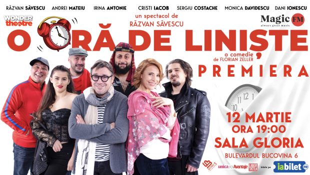 Compania independentă de teatru WonderTheatre anunță premiera spectacolului „O ORĂ DE LINIȘTE”, cu Cristi Iacob, Monica Davidescu, Andrei Mateiu și Irina Antonie