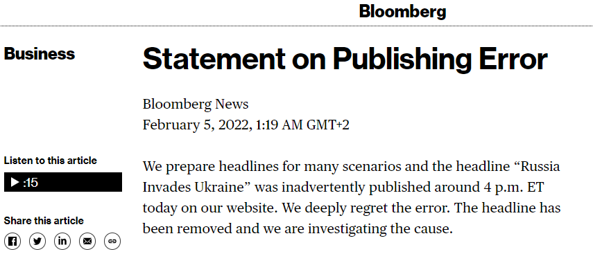 Bloomberg a anunțat, din greșeală, că Rusia a invadat Ucraina. „Regretăm profund eroarea”