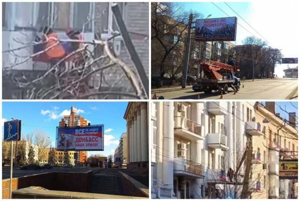 FOTO/VIDEO | În Donețk se arborează steagul Rusiei la balcoane și apar panouri publicitare cu îndemnuri la luptă