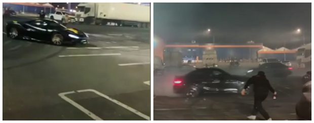 Drifturi periculoase cu bolizi de lux, surprinse în parcarea unui mall din București. Șoferii au plecat până la sosirea poliției