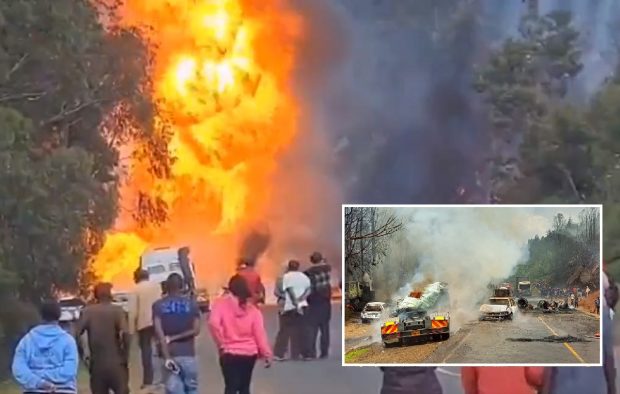 VIDEO | Flăcări până la cer pe șosea, o remorcă cu butelii a explodat, patru mașini care circulau pe lângă ea s-au făcut scrum, lângă Nairobi