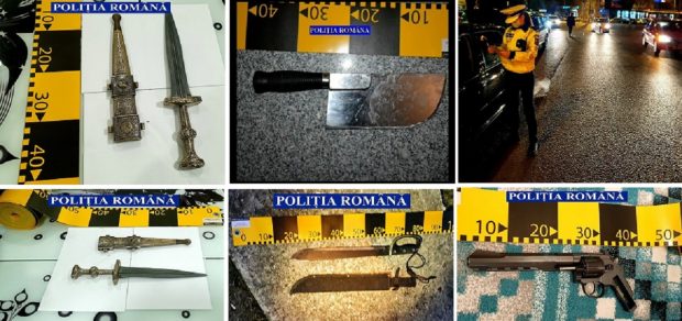 Cuțite, săbii și un pistol, găsite în urma unor percheziții într-un dosar de tâlhărie, la Ploiești