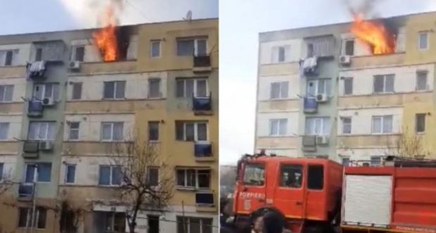 Incendiu puternic într-un bloc din Tecuci, după ce mai mulți oameni au făcut un grătar într-o cameră