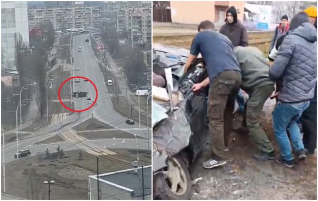 Imagini dramatice pe străzile din Kiev: Un blindat rusesc trece peste o mașină condusă de un civil. Bărbatul ar fi fost salvat apoi de trecători