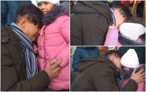 VIDEO | Un tată ucrainean plânge când se desparte de fetița lui, evacuată împreună de mama ei din Kiev