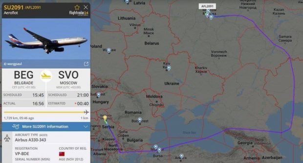Zborul Belgrad-Moscova, de trei ori mai lung. Traseul urmat de un avion civil rus după interdicția pusă de România
