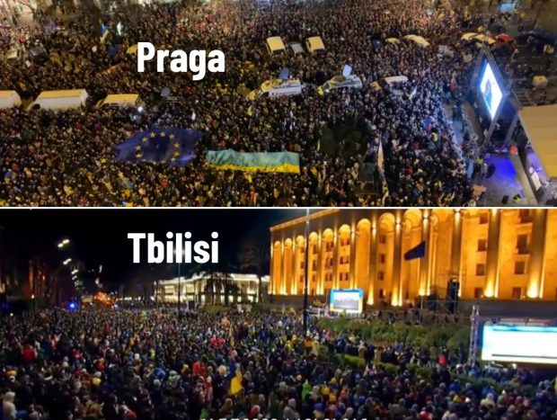 VIDEO | Proteste uriașe la Praga și Tbilisi față de invazia Rusiei în Ucraina. Mesajul transmis de Zelenski oamenilor ieșiți în stradă