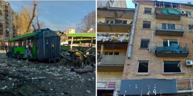 VIDEO | Epava unei rachete rusești cade în Kiev, lângă un bloc, peste un troleibuz. Un om a murit și alți șase au fost răniți