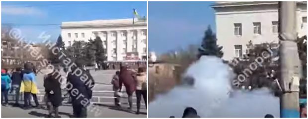 VIDEO | Focuri de armă și grenade la un protest al localnicilor din Herson. Soldații ruși au tras asupra oamenilor