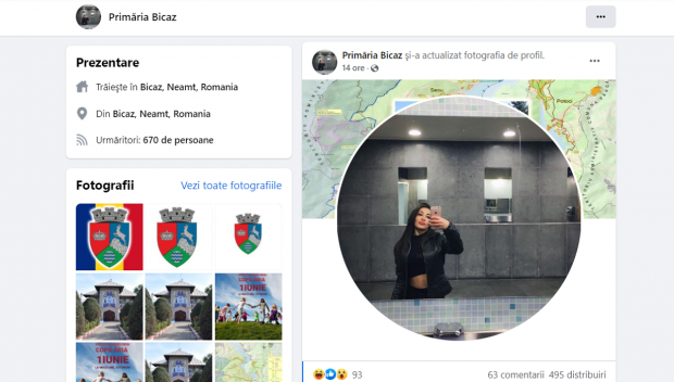 O tânără care-și face selfie într-o toaletă publică, noua poză de profil pe pagina Primăriei Bicaz