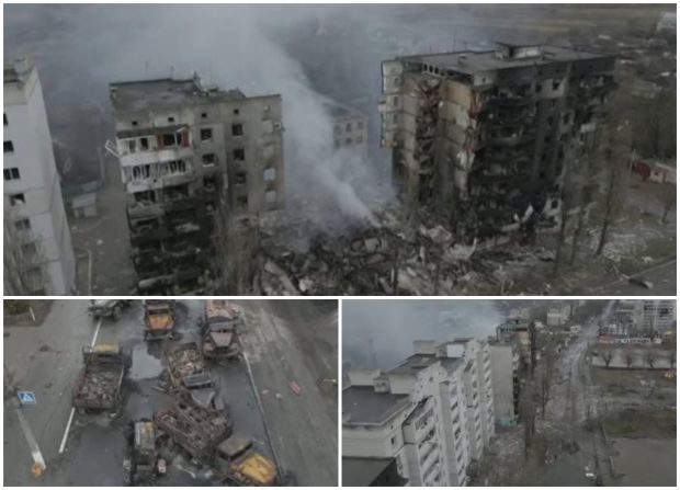 Filmare din dronă cu un oraș din regiunea Kiev bombardat de armata rusă. Ce a mai rămas din blocurile lovite de rachete