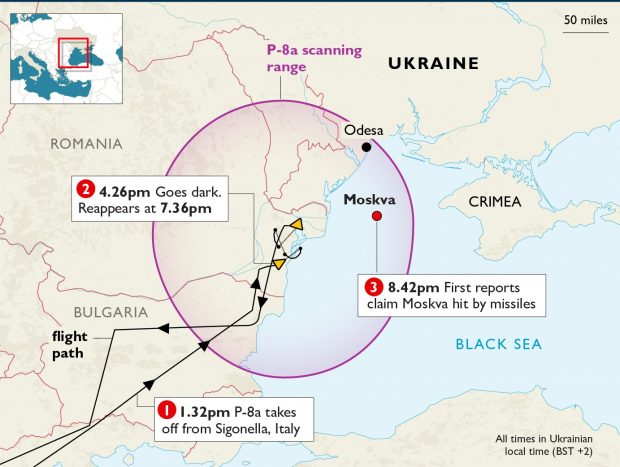 The Times: Un avion de spionaj al SUA, deasupra Mării Neagre cu câteva ore înainte ca nava Moskva să fie atacată de ucraineni