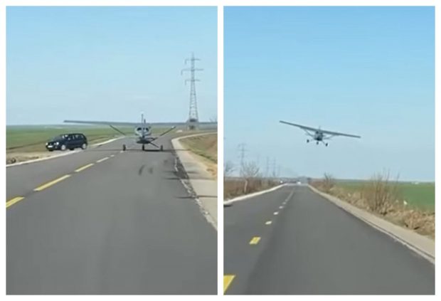 Avion de mici dimensiuni, filmat pe o şosea. Poliţia caută pilotul