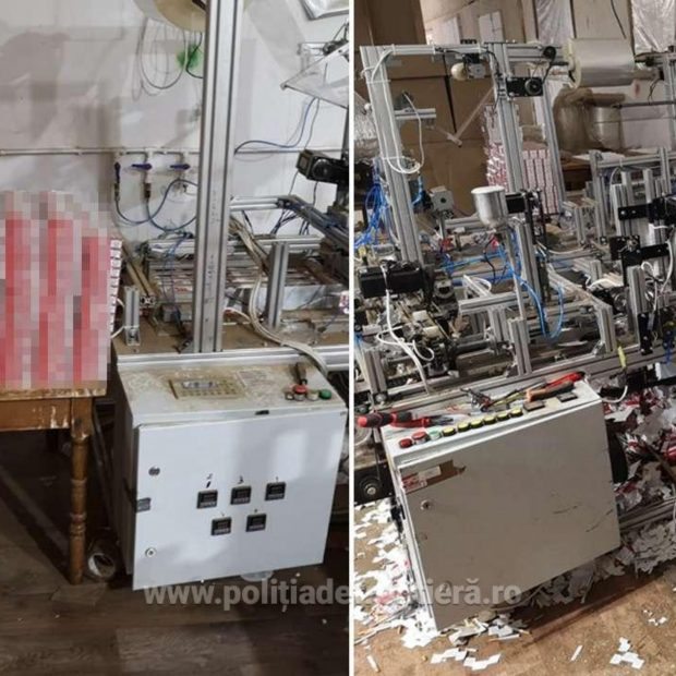 Fabrică de țigări de contrabandă descoperită într-o hală din Neamț. Clădirea era izolată cu polistiren pentru a nu fi detectată de camerele cu termoviziune