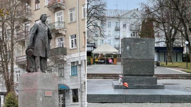 Consiliul Local din Ternopil a dat jos statuia lui Pușkin din centrul orașului. Primar: „Crimele nu ne lasă de ales. Tot ce e rusesc trebuie demontat”