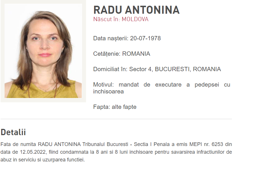 Antonina Radu, pompierul condamnat în dosarul Colectiv și dat în urmărire generală, găsită în Republica Moldova