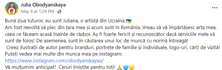 Iuliana, o tânără ilustratoare refugiată din Ucraina, și-a găsit la București o a doua familie. „La 23 de ani, am învățat de ce bunicile noastre ne-au urat un cer liniștit deasupra capetelor”