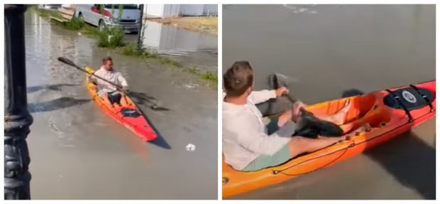 VIDEO | Plimbare cu caiacul pe străzile inundate din Mamaia. „Face valuri băiatul”