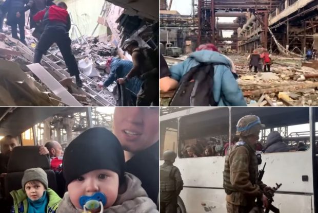 Primele imagini cu evacuările de la Azovstal. Femei, bătrâni și copii au fost scoși din subsolul uzinei distruse de rachete