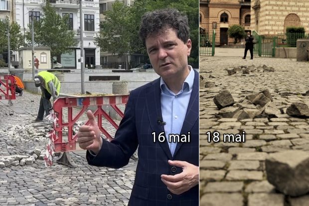 A plecat primarul, au plecat și muncitorii. În Centrul Vechi se lucrează la schimbarea pavajului doar când e Nicușor Dan prin zonă