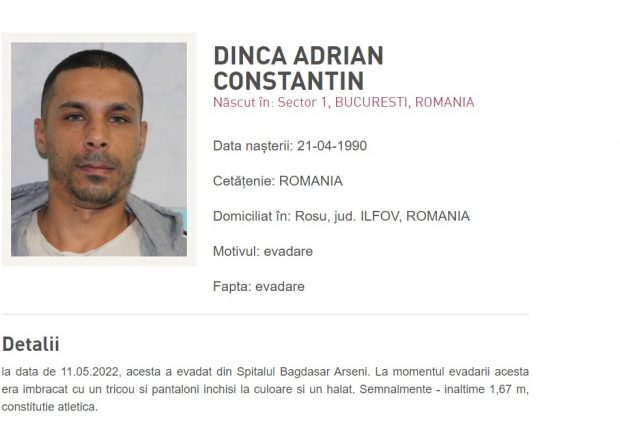 A fost prins deținutul condamnat la 23 de ani de închisoare care a fugit din Spitalul Bagdasar Arseni