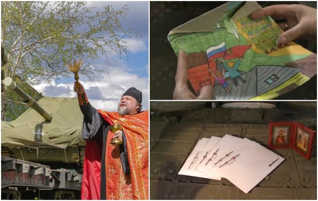 VIDEO | Cele mai puternice tancuri rusești trimise armatei, sfințite și pline cu „desene și scrisori de la copii și icoane ortodoxe”